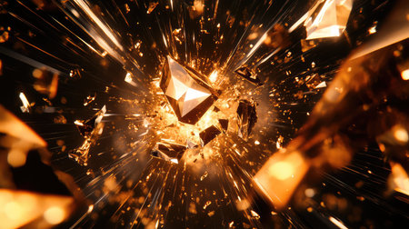 Golden crystal shattering into fragments with bursting energyの写真素材