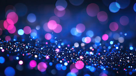 Abstract glowing neon bokeh with sparkling particles foreground