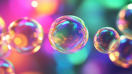 Iridescent soap bubbles floating with colorful bokeh background