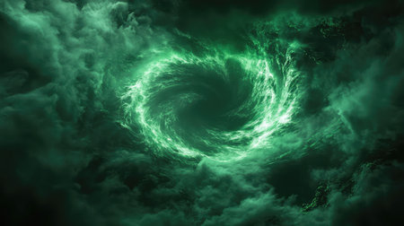 Green energy vortex swirling through dark cloudy spaceの写真素材