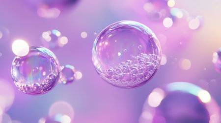 Iridescent colorful bubbles floating in abstract purple liquid background