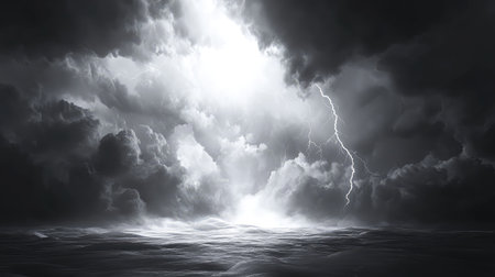 Stormy ocean with lightning striking during dramatic weatherの写真素材