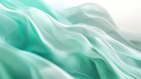 Soft flowing green translucent fabric creating abstract wavesの写真素材