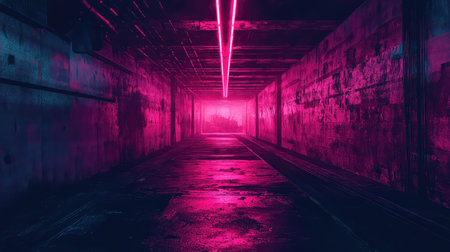 Dark industrial tunnel lit by vibrant neon lightsの写真素材