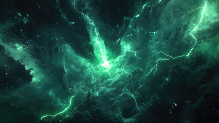 Green lightning storm with powerful energy discharge in spaceの写真素材