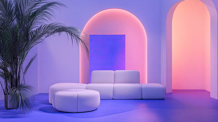 Aesthetic contemporary interior design with colorful ambient lightingの写真素材