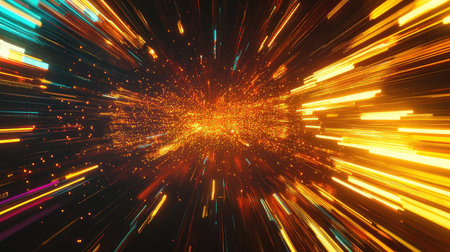 Abstract glowing light stream connecting data particles