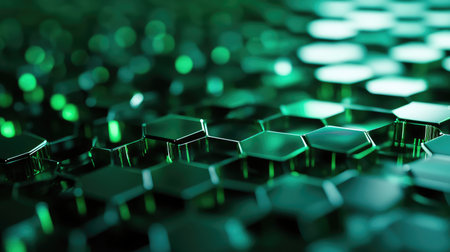 Green hexagonal pattern representing technology and data connectionの写真素材