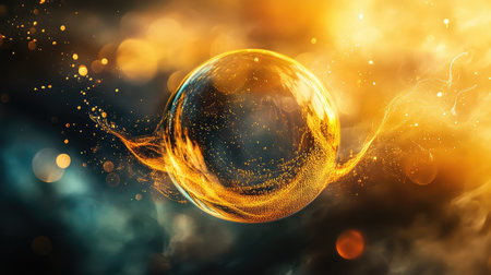 Abstract glowing sphere creating swirling golden energyの写真素材