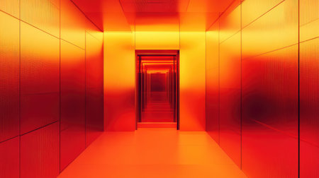 Glowing red orange hallway creating infinite receding perspectiveの写真素材