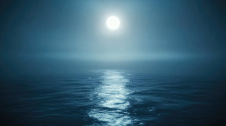 Full moon reflecting on dark ocean water at nightの写真素材