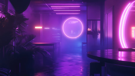 Neon glowing room creating cyberpunk atmosphereの写真素材