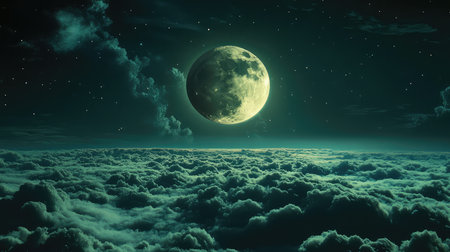 Full moon rising above clouds at night