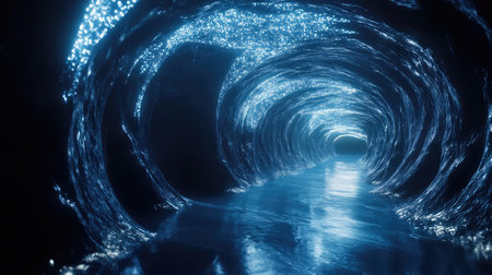 Glowing blue tunnel creating abstract energy data flowの写真素材