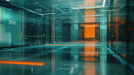 Digital data processing in an abstract server hallwayの写真素材