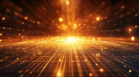 Abstract golden light lines creating digital big data flowの写真素材