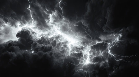 Powerful lightning bolts striking through dark storm clouds