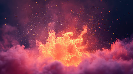 Dynamic fiery explosion creating vibrant smoke and glowing particlesの写真素材