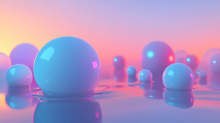 Glossy spheres reflecting neon sunset colors on liquid surface
