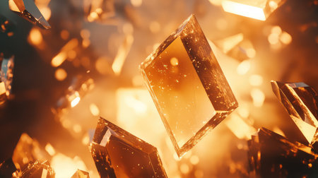 Abstract exploding golden crystal fragments on dark backgroundの写真素材