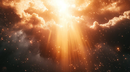 Golden divine light rays shimmering through clouds
