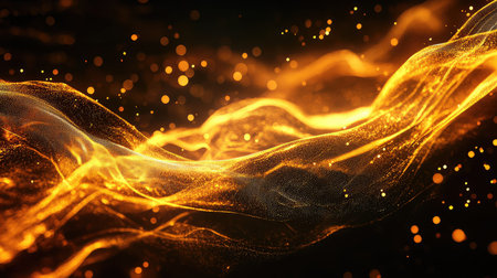Golden fluid particles creating abstract flowing energy waveの写真素材