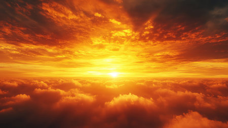Golden sun setting over vibrant orange clouds horizon