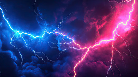 Blue and red lightning bolts clashing in stormy dark sky