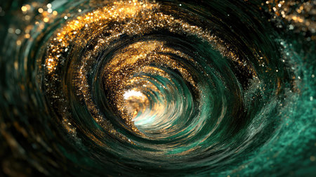 Swirling emerald water with golden glitter and bokehの写真素材
