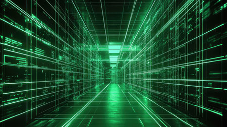 Digital data grid tunnel visualizing abstract network connection