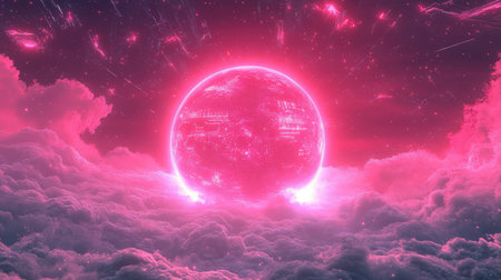 Glowing pink sphere floating above ethereal clouds