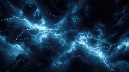 Blue lightning striking dark stormy clouds