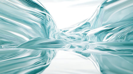 Abstract flowing aqua glass waves reflecting liquid surfaceの写真素材