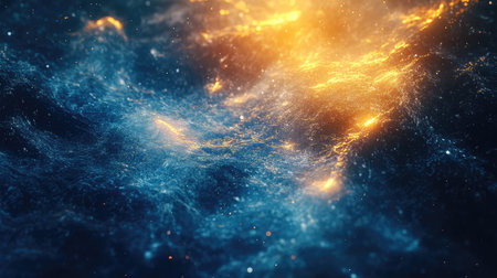 Cosmic energy flowing through glowing blue gold particles