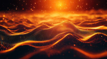 Abstract glowing sound waves flowing on dark backgroundの写真素材