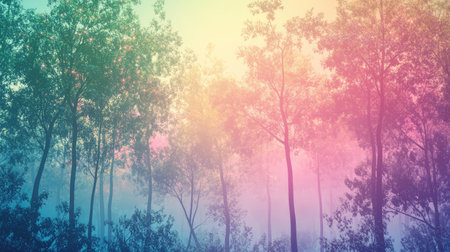 Forest trees glowing with colorful gradient lightの写真素材