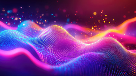 Abstract flowing wave patterns glowing with colorful particles