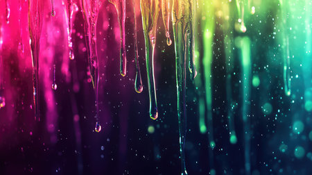 Colorful liquid drips abstract background with bokeh lightsの写真素材