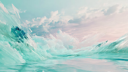 Abstract ice landscape with vibrant pastel sky and calm water