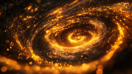 Golden glittering particles creating abstract spiral light flow