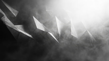 Abstract fragmented geometric shapes appearing through misty smoke