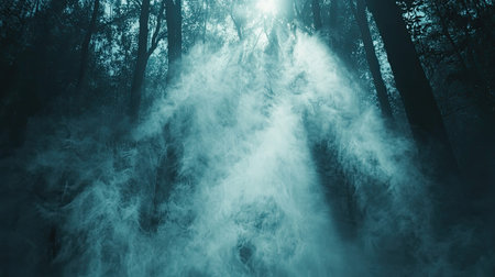 Mysterious light beams piercing dark foggy forest
