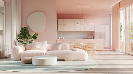 Pink minimalist open plan living room kitchen interiorの写真素材