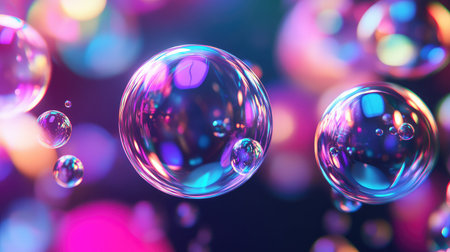 Floating vibrant soap bubbles reflecting colorful neon lights