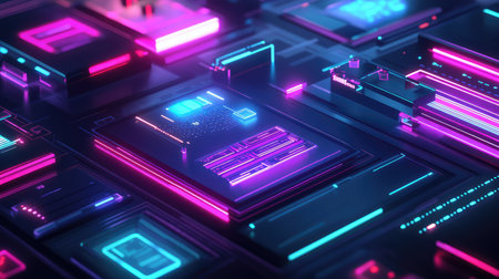 Digital network processing data across glowing circuit board