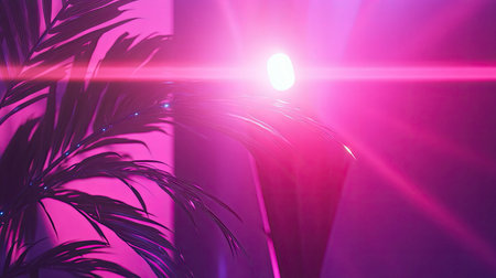 Vibrating pink neon light illuminating palm leaves creating futuristic mood