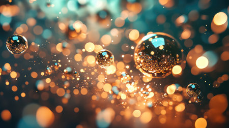 Golden glittering spheres floating on a bokeh light backgroundの写真素材