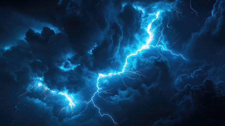 Powerful lightning striking through dark stormy sky