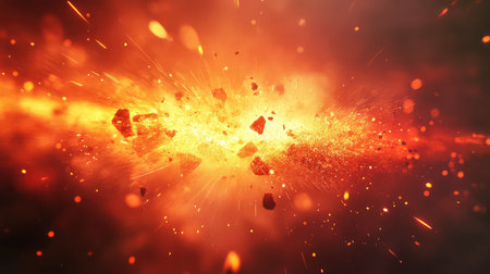 Explosive impact creating powerful fiery light and flying debris