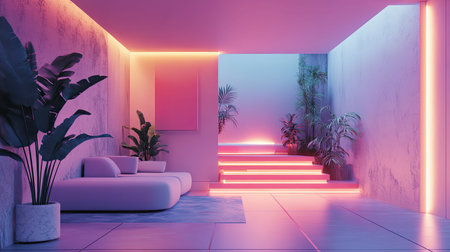 Modern interior living room with futuristic neon lighting